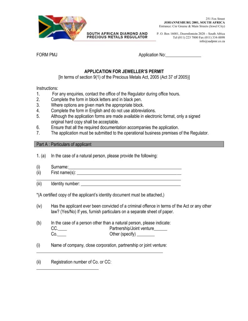 Jeweller's Permit, This is a black and white image of the first page of a jeweller's permit application form PMJ. The form likely has sections to fill out applicant information, business details, and the type of permit being applied for (e.g., buying, selling, or both). There may also be sections for fees and signatures.
