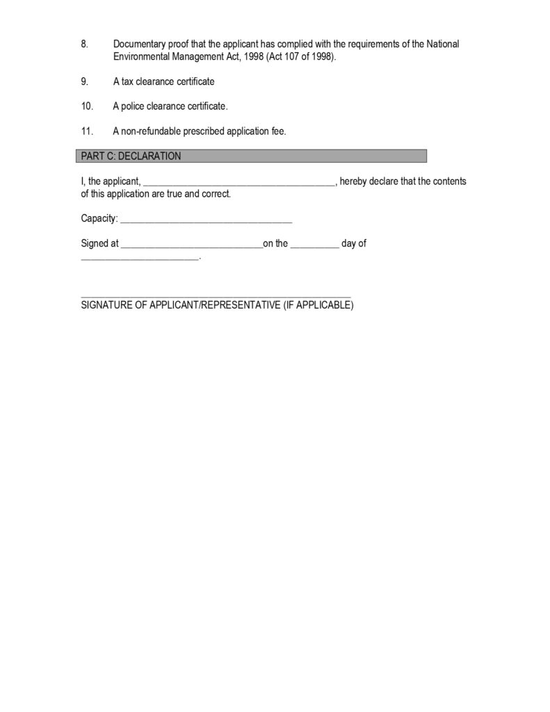 Refining Licence Application Checklist. This is a checklist with tickboxes for various documents required to apply for a Refining Licence in South Africa. The checklist is divided into two sections: Required Documents and Additional Supporting Documents. Required documents include application form, proof of business premises, inspection report, business plan, and company registration.  Additional documents may include police clearances, tax clearance certificate, proof of technical and financial ability, and environmental compliance documents.